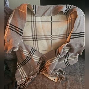 Orage Angora Mix Plaid Fringe Shawl with Sleeves